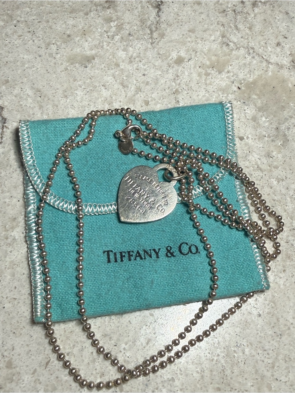 Tiffany & Co. Sterling Silver Heart Tag on 34in Ball Chain Necklace W Blue Pouch